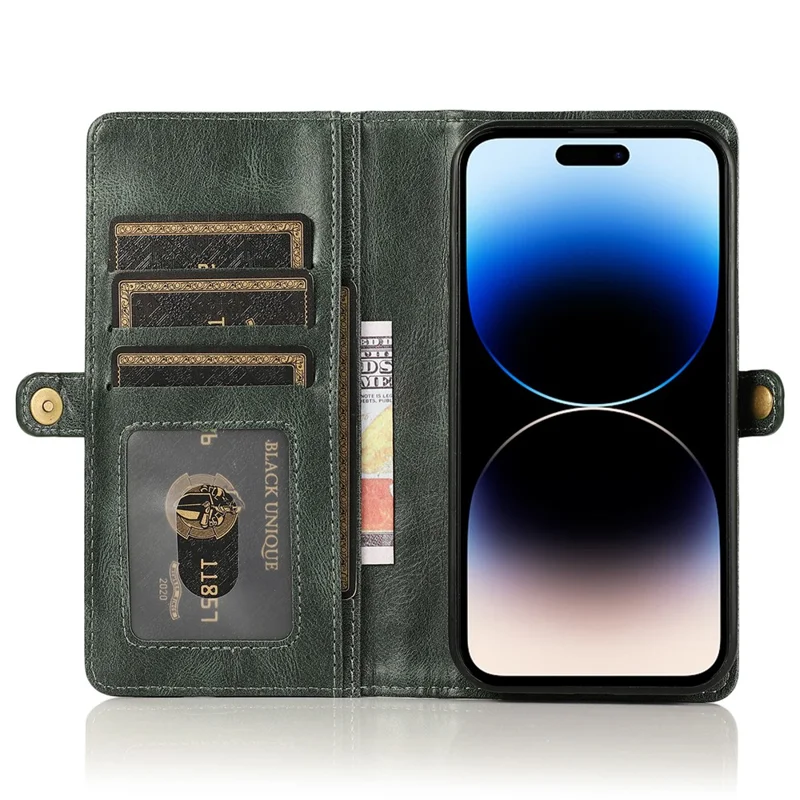 Wallet Phone Case for iPhone 14 Pro Detachable 2-in-1 TPU+PU Leather Shockproof Cover Anti-Drop Phone Case - Green