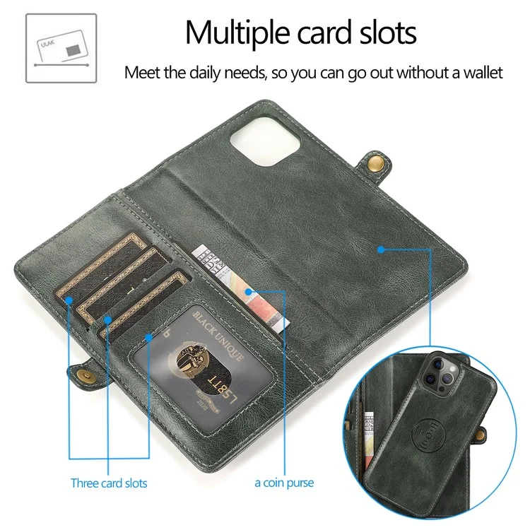 Wallet Phone Case for iPhone 14 Pro Detachable 2-in-1 TPU+PU Leather Shockproof Cover Anti-Drop Phone Case - Green