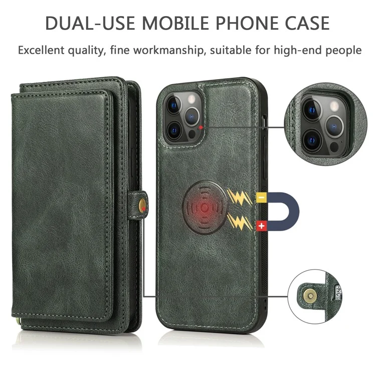 Wallet Phone Case for iPhone 14 Pro Detachable 2-in-1 TPU+PU Leather Shockproof Cover Anti-Drop Phone Case - Green