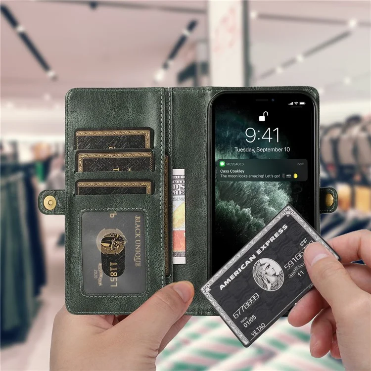 Wallet Phone Case for iPhone 14 Pro Detachable 2-in-1 TPU+PU Leather Shockproof Cover Anti-Drop Phone Case - Green