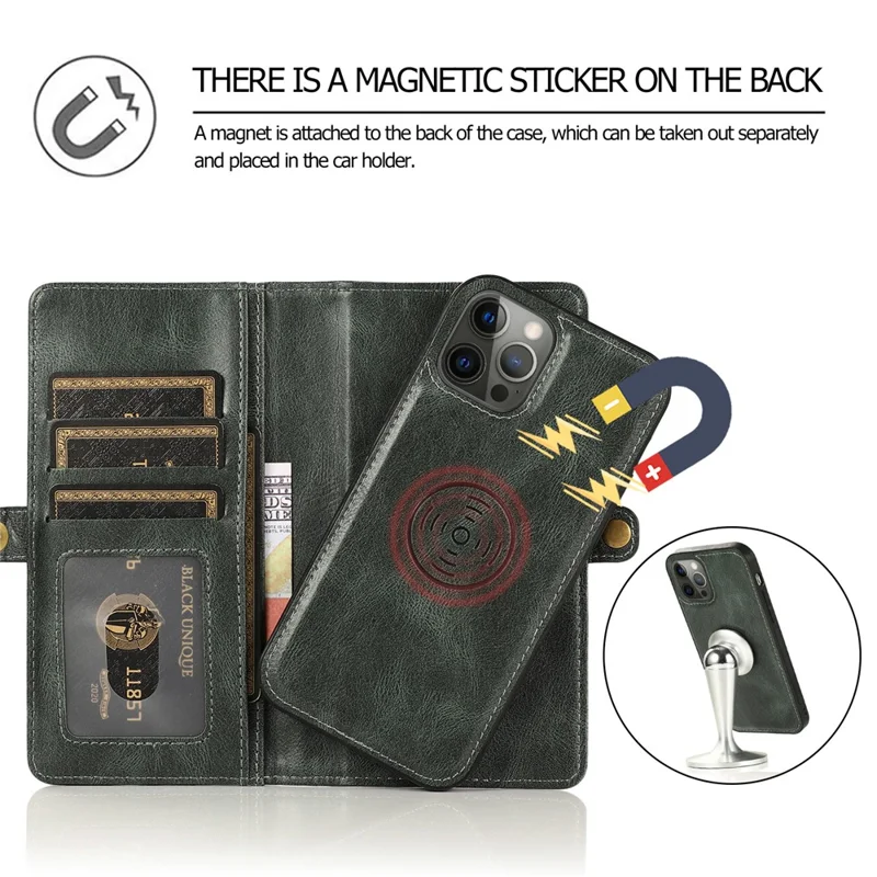 Wallet Phone Case for iPhone 14 Pro Detachable 2-in-1 TPU+PU Leather Shockproof Cover Anti-Drop Phone Case - Green