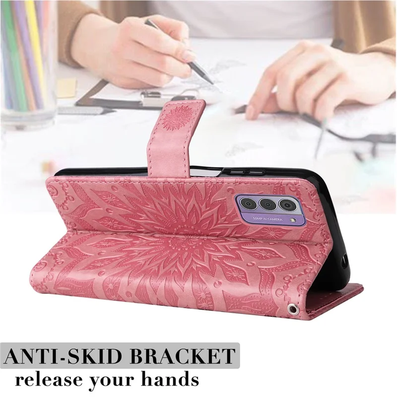 For Nokia G42 Phone Case Sunflower Imprinted Leather Wallet Stand Cover with Strap - Pink