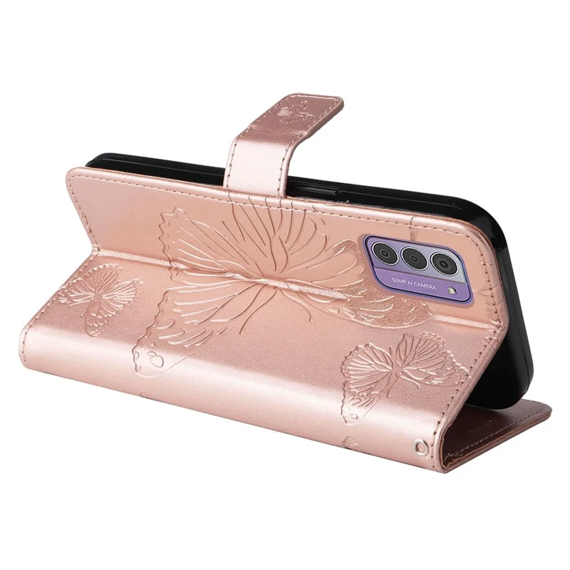 Para Nokia G42 KT Imprinting Flower Series-2 Capa de Telefone de Couro PU com Impressão de Borboleta - Dourada Rosa