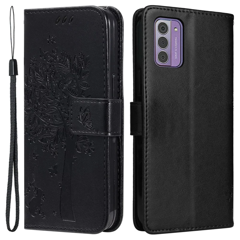 Für Nokia G42 KT Sprudel Blume Serie-3 PU Leder Cover Flip Ständer Eingeprägter Katzenbaumbrieftasche Telefonhülle - Schwarz