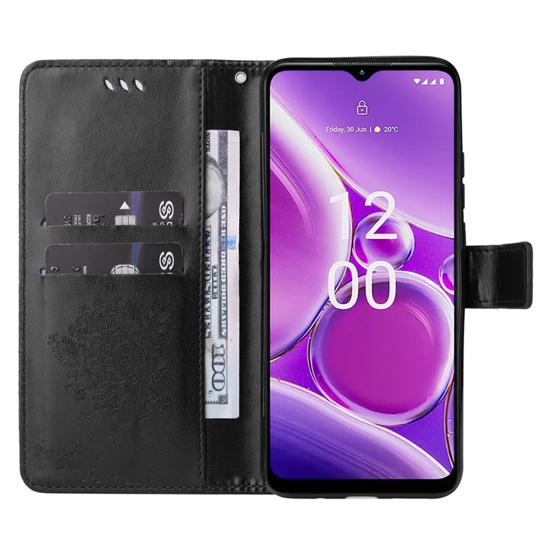 Für Nokia G42 KT Sprudel Blume Serie-3 PU Leder Cover Flip Ständer Eingeprägter Katzenbaumbrieftasche Telefonhülle - Schwarz