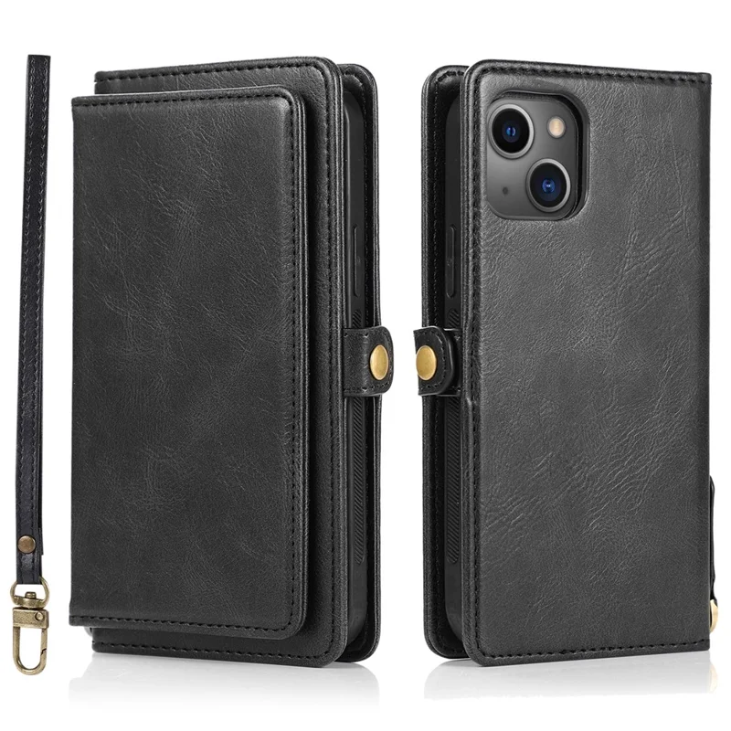 Detachable 2-in-1 TPU+PU Leather Case for iPhone 14 Protective Anti-Drop Phone Case with Strap - Black