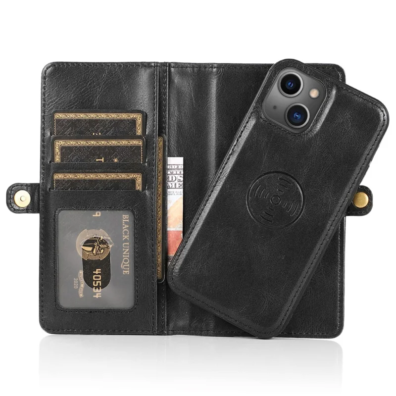 Detachable 2-in-1 TPU+PU Leather Case for iPhone 14 Protective Anti-Drop Phone Case with Strap - Black