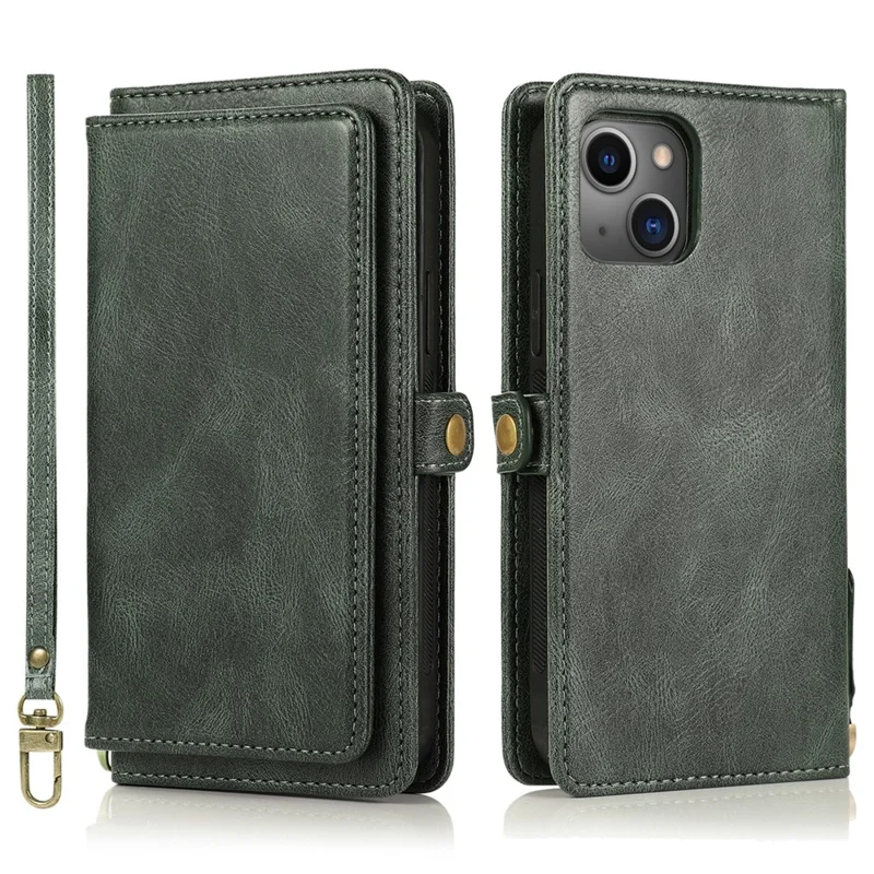 Detachable 2-in-1 TPU+PU Leather Case for iPhone 14 Protective Anti-Drop Phone Case with Strap - Green