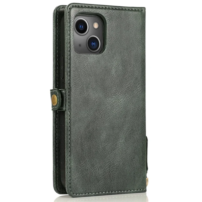 Detachable 2-in-1 TPU+PU Leather Case for iPhone 14 Protective Anti-Drop Phone Case with Strap - Green