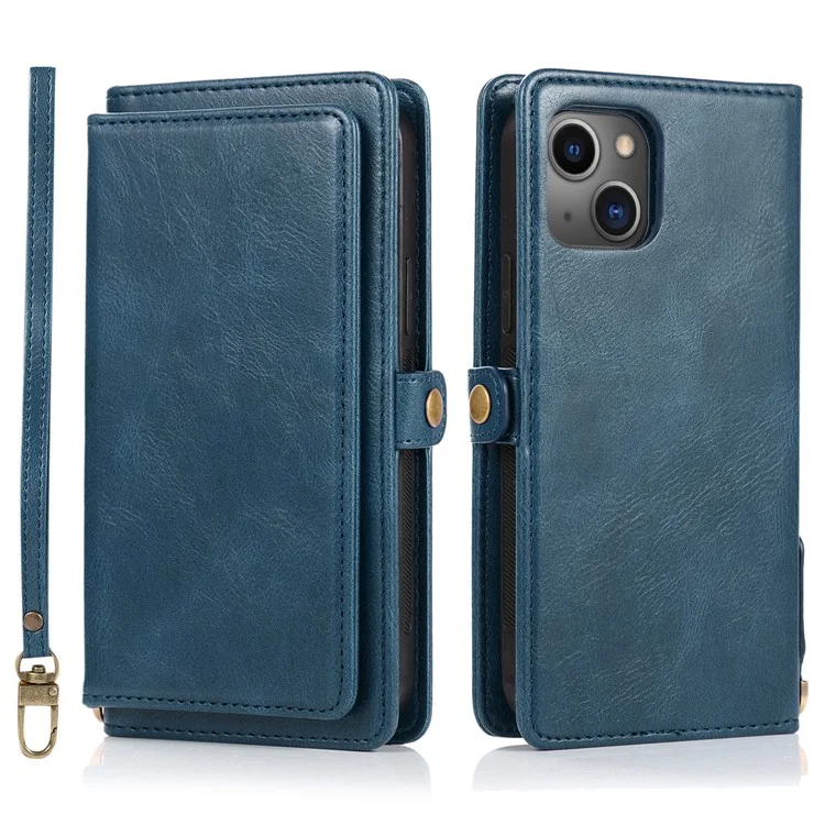 Anti-Drop Phone Case für iPhone 13 6.1 Zoll abnehmbare 2-in-1 TPU+PU Ledertasche mit Gurt - Blau
