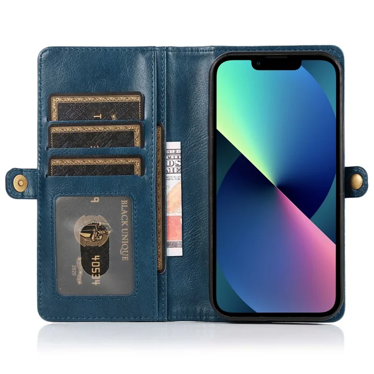 Anti-Drop Phone Case für iPhone 13 6.1 Zoll abnehmbare 2-in-1 TPU+PU Ledertasche mit Gurt - Blau