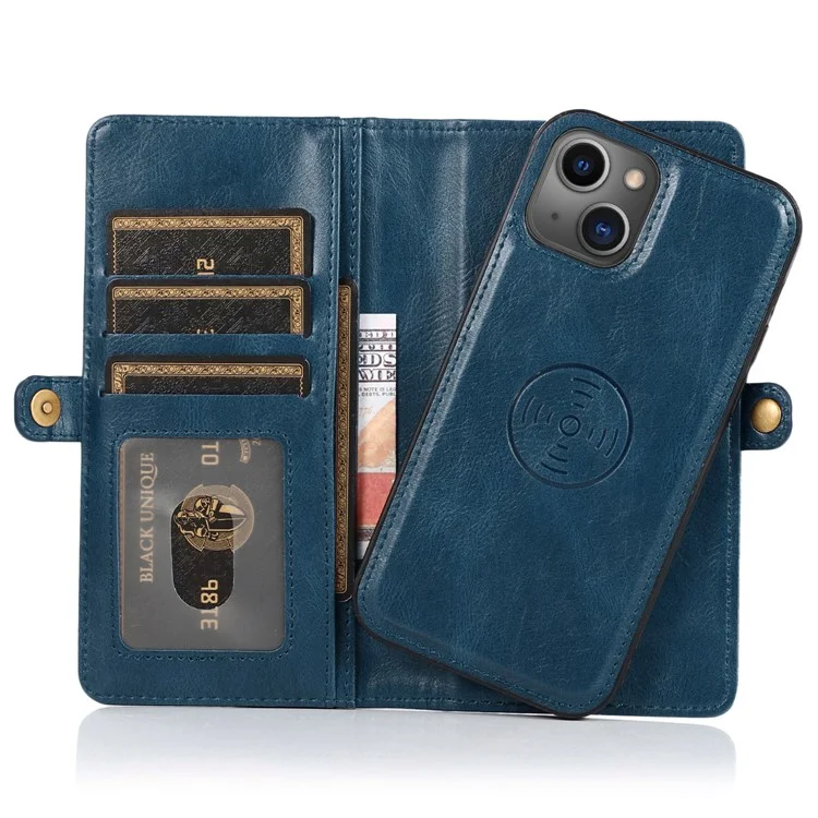 Anti-Drop Phone Case für iPhone 13 6.1 Zoll abnehmbare 2-in-1 TPU+PU Ledertasche mit Gurt - Blau