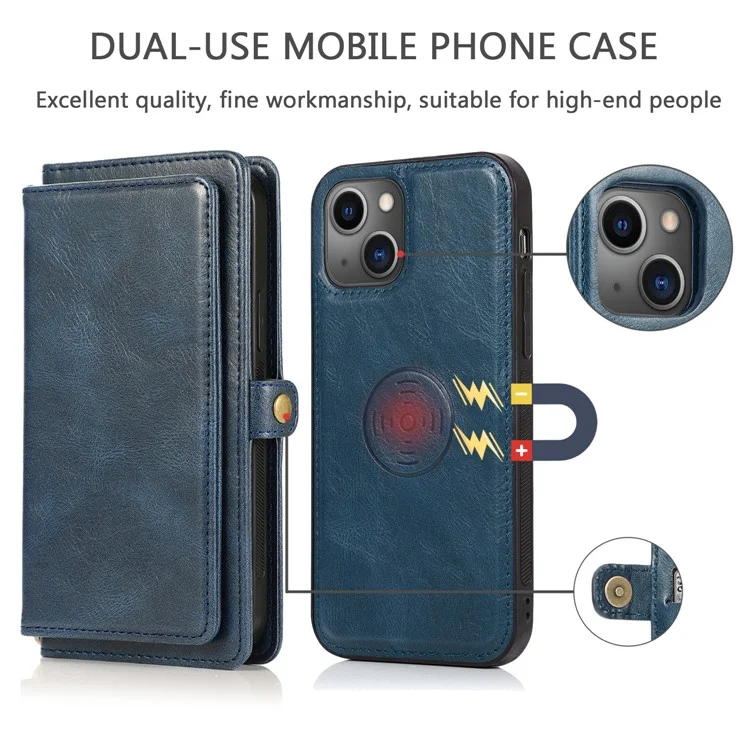Anti-Drop Phone Case für iPhone 13 6.1 Zoll abnehmbare 2-in-1 TPU+PU Ledertasche mit Gurt - Blau