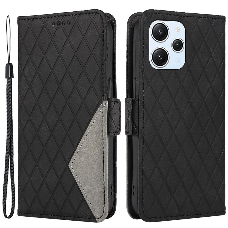 Para Xiaomi Redmi 12 4G Funda de cartera de cuero antigota con estampado de rombos - Negro