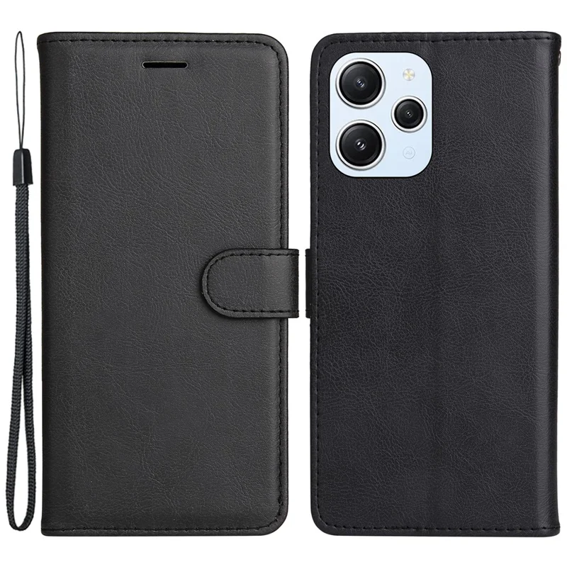 For Xiaomi Redmi 12 4G Case Solid Color Leather Mobile Cover Wallet Stand with Strap - Black