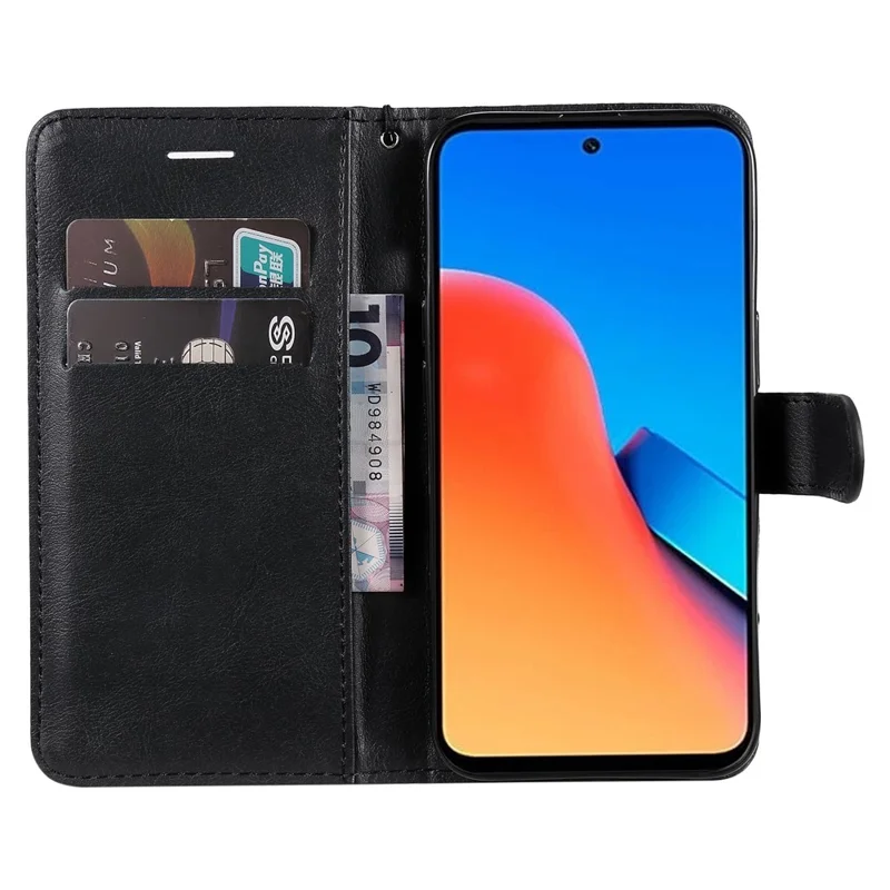 For Xiaomi Redmi 12 4G Case Solid Color Leather Mobile Cover Wallet Stand with Strap - Black