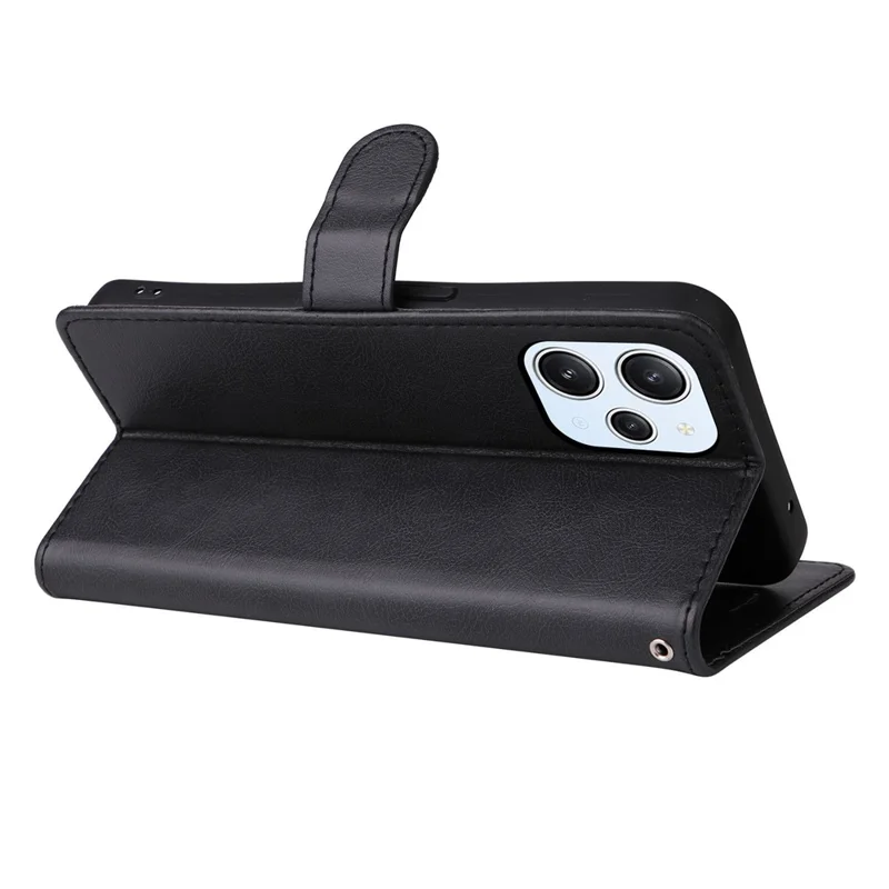For Xiaomi Redmi 12 4G Case Solid Color Leather Mobile Cover Wallet Stand with Strap - Black
