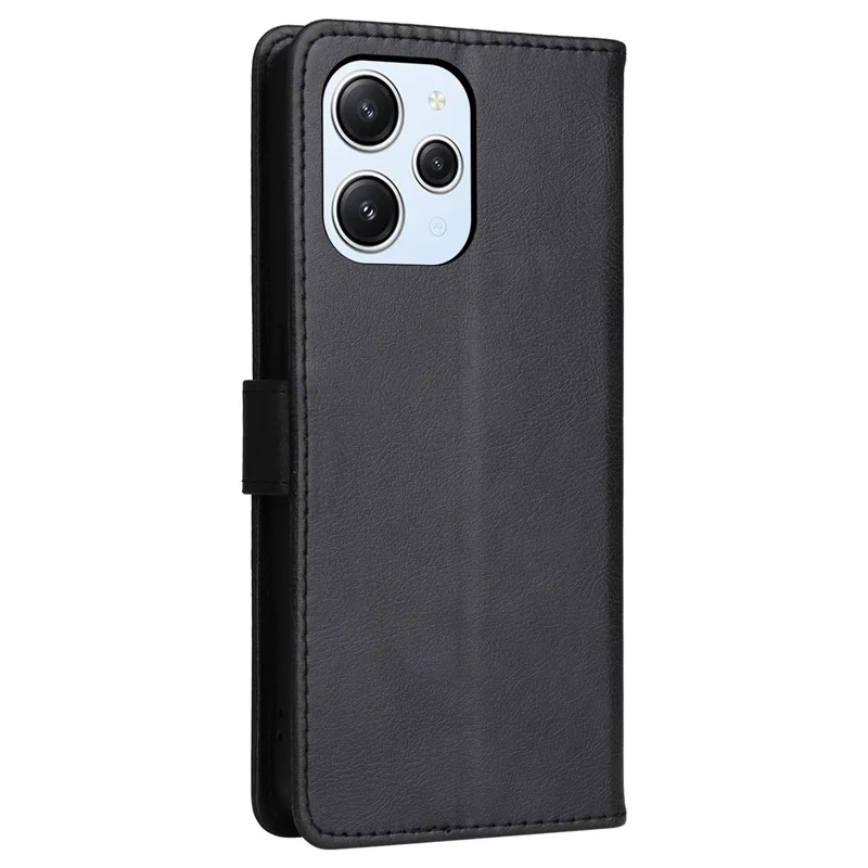 For Xiaomi Redmi 12 4G Case Solid Color Leather Mobile Cover Wallet Stand with Strap - Black