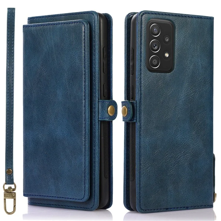 For Samsung Galaxy A53 5G Anti-Drop Wallet Phone Case Detachable 2-in-1 TPU+PU Leather Flip Cover with Strap - Blue