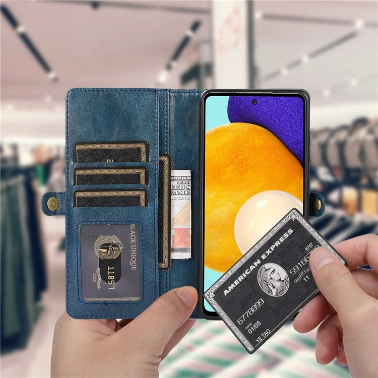 For Samsung Galaxy A53 5G Anti-Drop Wallet Phone Case Detachable 2-in-1 TPU+PU Leather Flip Cover with Strap - Blue