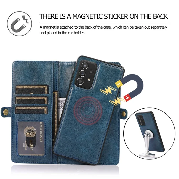 For Samsung Galaxy A53 5G Anti-Drop Wallet Phone Case Detachable 2-in-1 TPU+PU Leather Flip Cover with Strap - Blue