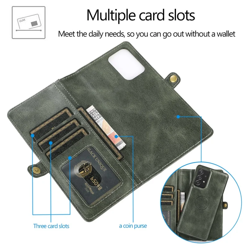 For Samsung Galaxy A33 5G TPU+PU Leather Case Detachable 2-in-1 Protective Wallet Phone Cover with Strap - Green