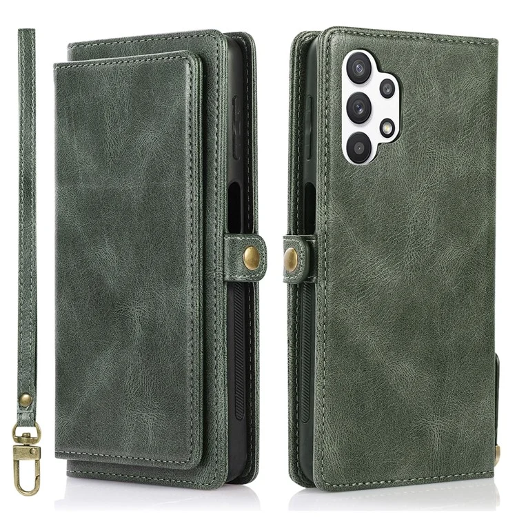 For Samsung Galaxy A13 5G / A13 4G Anti-Scratch Wallet Phone Cover Detachable 2-in-1 TPU+PU Leather Case with Strap - Green