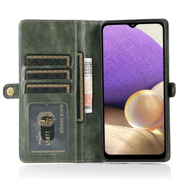 For Samsung Galaxy A13 5G / A13 4G Anti-Scratch Wallet Phone Cover Detachable 2-in-1 TPU+PU Leather Case with Strap - Green