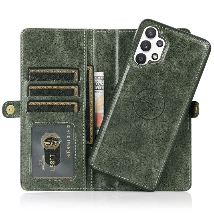 For Samsung Galaxy A13 5G / A13 4G Anti-Scratch Wallet Phone Cover Detachable 2-in-1 TPU+PU Leather Case with Strap - Green