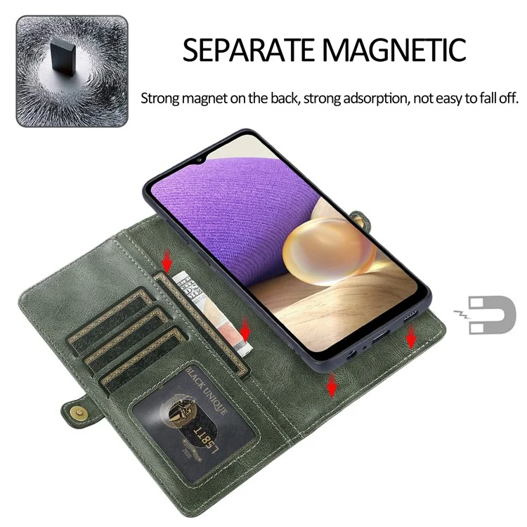 For Samsung Galaxy A13 5G / A13 4G Anti-Scratch Wallet Phone Cover Detachable 2-in-1 TPU+PU Leather Case with Strap - Green