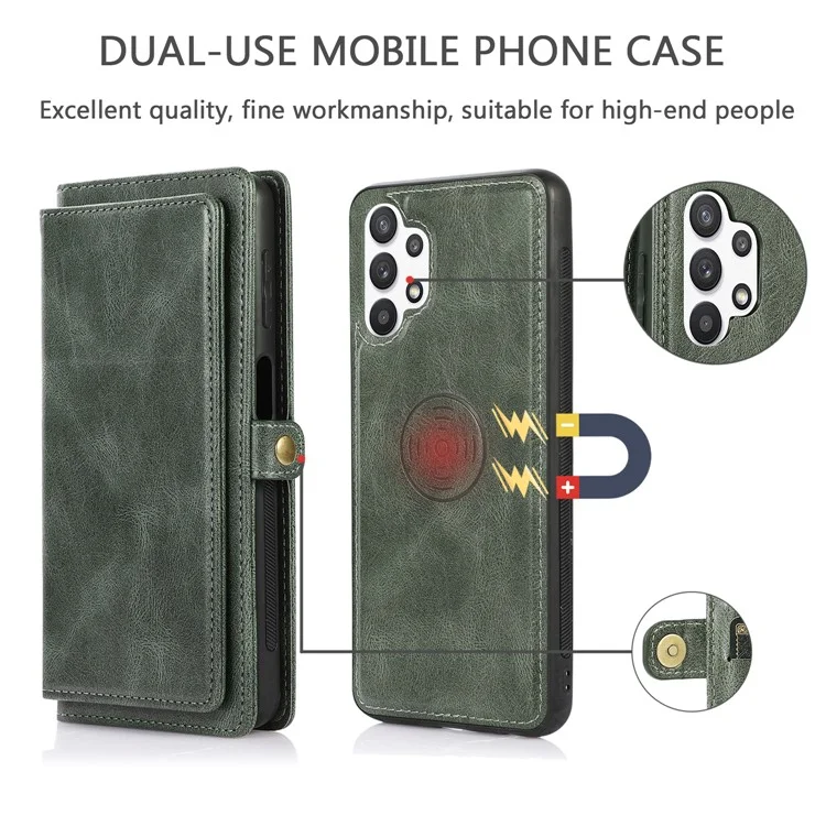 For Samsung Galaxy A13 5G / A13 4G Anti-Scratch Wallet Phone Cover Detachable 2-in-1 TPU+PU Leather Case with Strap - Green