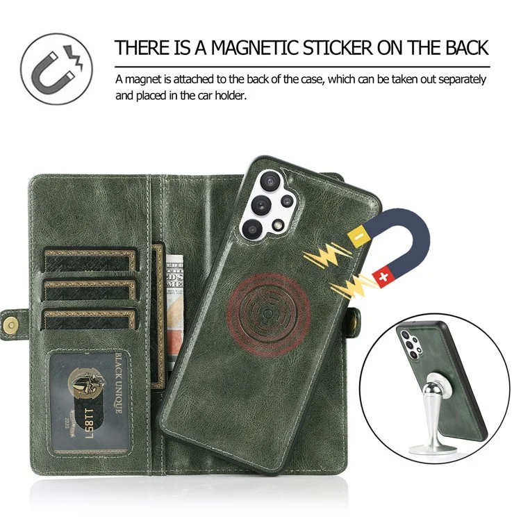 For Samsung Galaxy A13 5G / A13 4G Anti-Scratch Wallet Phone Cover Detachable 2-in-1 TPU+PU Leather Case with Strap - Green