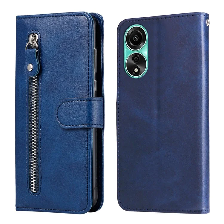 Para Oppo A78 4G Zipper Pocket Wallet Stand Phone Case Anti-drop Calf Texture Cover - Azul