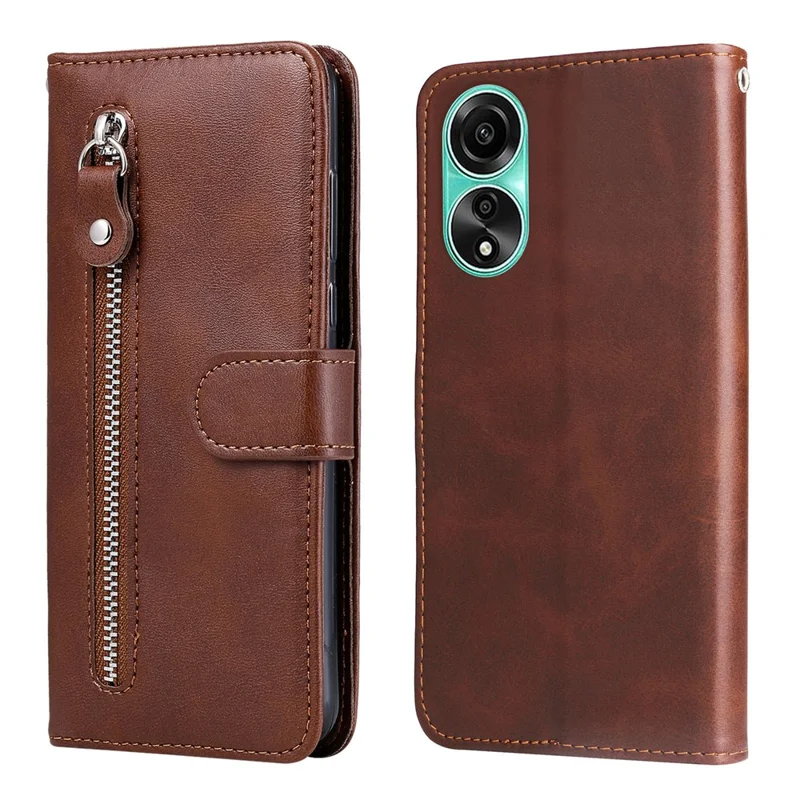 For Oppo A78 4G Zipper Pocket Wallet Stand Phone Case Anti-drop Calf Texture Cover - Brown