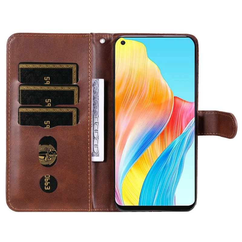 For Oppo A78 4G Zipper Pocket Wallet Stand Phone Case Anti-drop Calf Texture Cover - Brown
