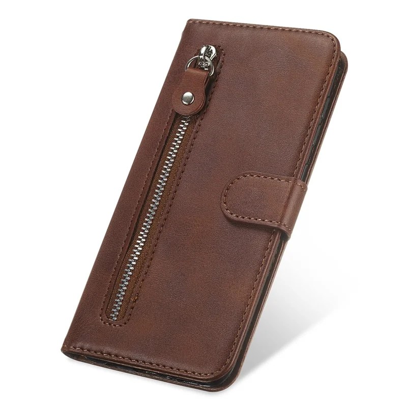 For Oppo A78 4G Zipper Pocket Wallet Stand Phone Case Anti-drop Calf Texture Cover - Brown