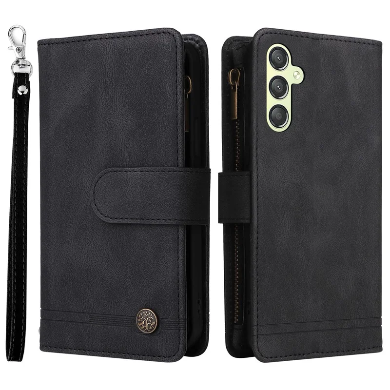 For Samsung Galaxy A34 5G Multiple Card Slots Zipper Pocket Phone Case Skin-touch Leather Wallet Stand Cover - Black