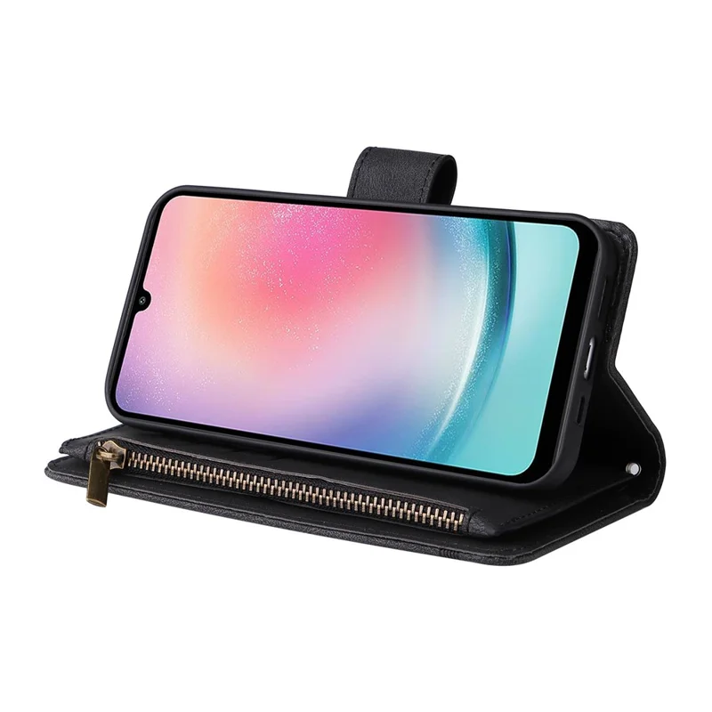 For Samsung Galaxy A34 5G Multiple Card Slots Zipper Pocket Phone Case Skin-touch Leather Wallet Stand Cover - Black
