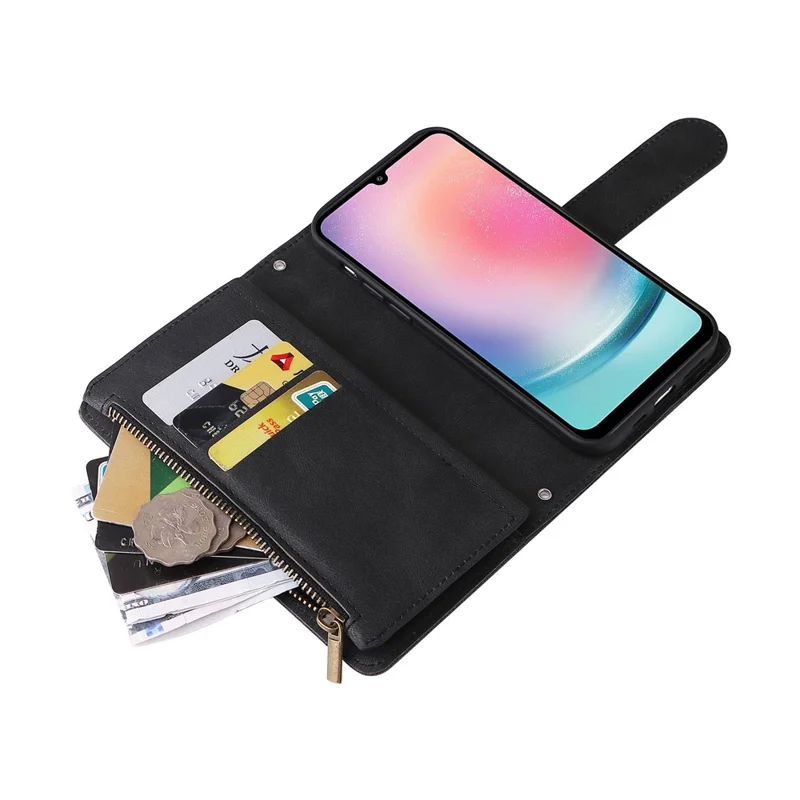 For Samsung Galaxy A34 5G Multiple Card Slots Zipper Pocket Phone Case Skin-touch Leather Wallet Stand Cover - Black
