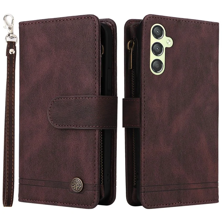 Para Samsung Galaxy A24 4G (162.1 x 77.6 x 8.3mm) Zipper Pocket Wallet Stand Phone Case Multiple Card Slots Leather Cover - Brown