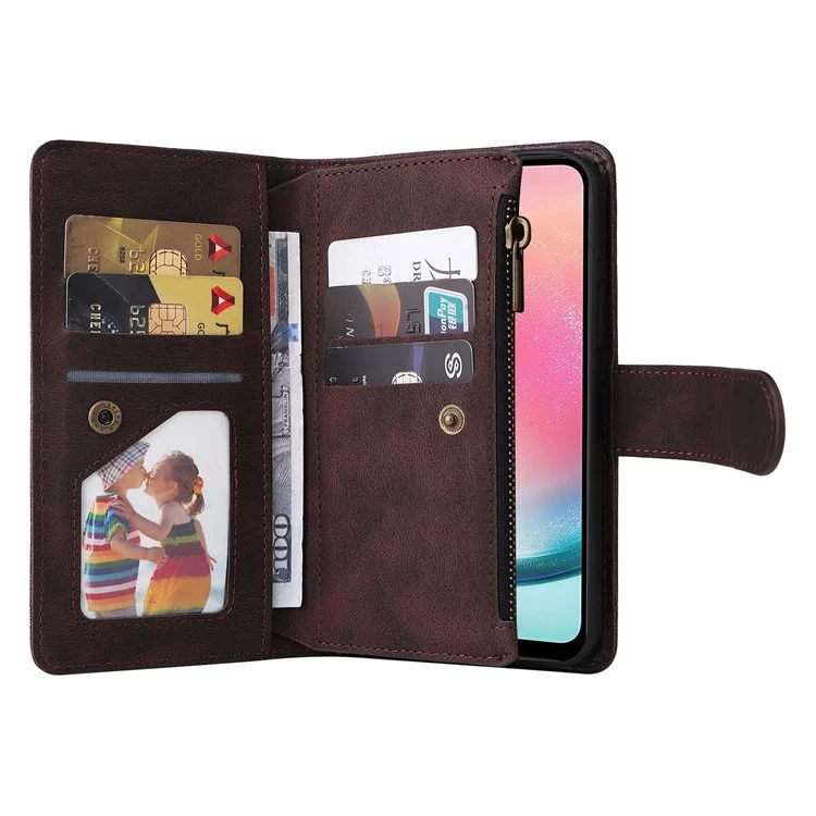 Para Samsung Galaxy A24 4G (162.1 x 77.6 x 8.3mm) Zipper Pocket Wallet Stand Phone Case Multiple Card Slots Leather Cover - Brown