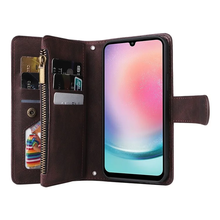 Para Samsung Galaxy A24 4G (162.1 x 77.6 x 8.3mm) Zipper Pocket Wallet Stand Phone Case Multiple Card Slots Leather Cover - Brown