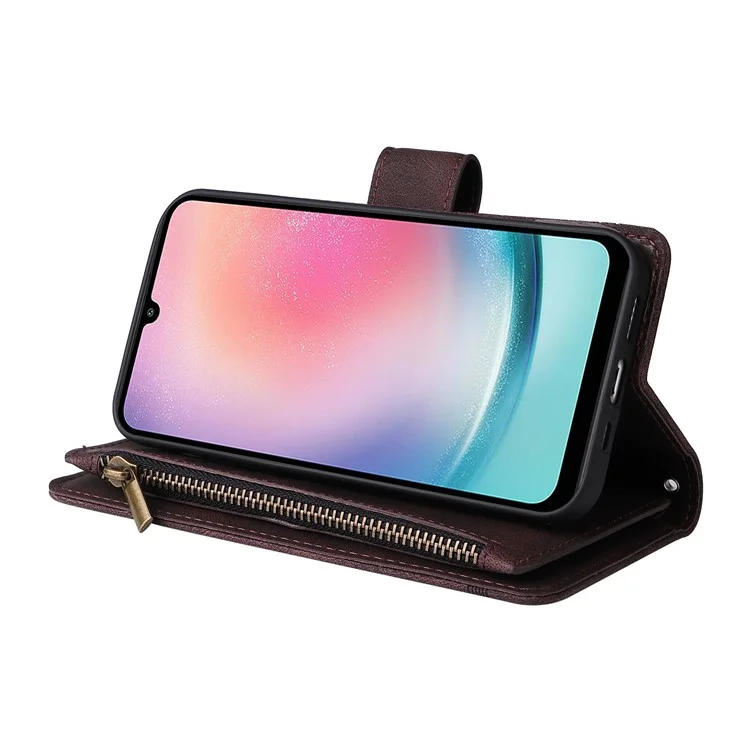 Para Samsung Galaxy A24 4G (162.1 x 77.6 x 8.3mm) Zipper Pocket Wallet Stand Phone Case Multiple Card Slots Leather Cover - Brown