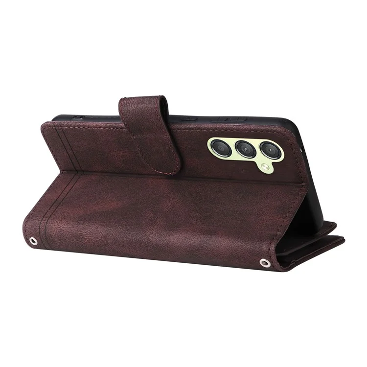 Para Samsung Galaxy A24 4G (162.1 x 77.6 x 8.3mm) Zipper Pocket Wallet Stand Phone Case Multiple Card Slots Leather Cover - Brown