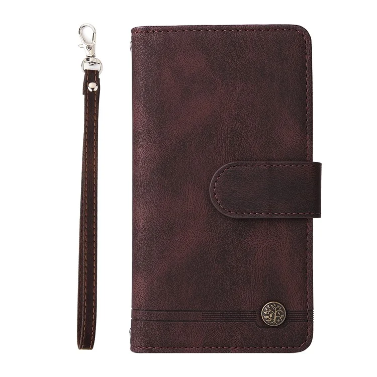 Para Samsung Galaxy A24 4G (162.1 x 77.6 x 8.3mm) Zipper Pocket Wallet Stand Phone Case Multiple Card Slots Leather Cover - Brown