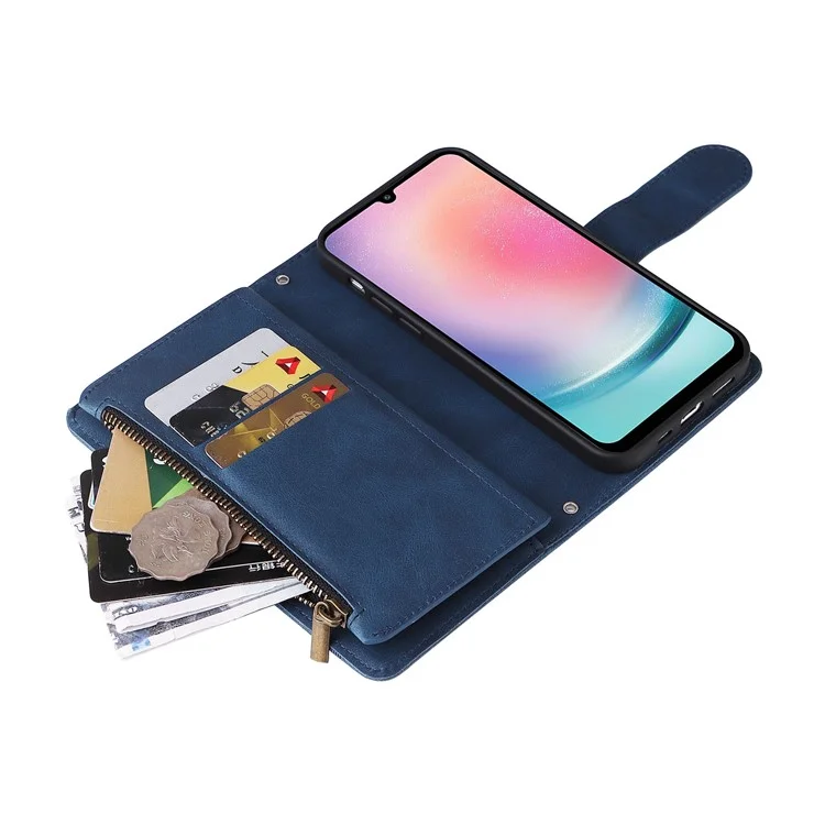 Pour Samsung Galaxy A54 5G Zipper Pocket Skin-touch Leather Case Multiple Card Slots Wallet Stand Phone Cover - Bleu