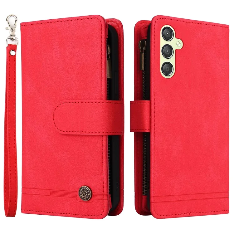 Para Samsung Galaxy S23 FE Múltiples Ranuras para Tarjetas Piel Táctil Funda de Teléfono con Bolsillo Cremallera Billetera de Pie Cubierta - Rojo