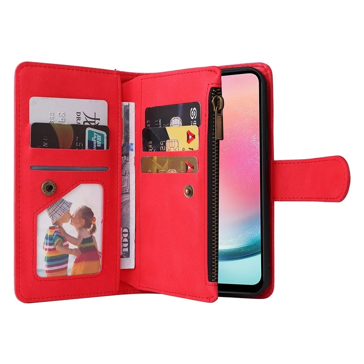 Para Samsung Galaxy S23 FE Múltiples Ranuras para Tarjetas Piel Táctil Funda de Teléfono con Bolsillo Cremallera Billetera de Pie Cubierta - Rojo