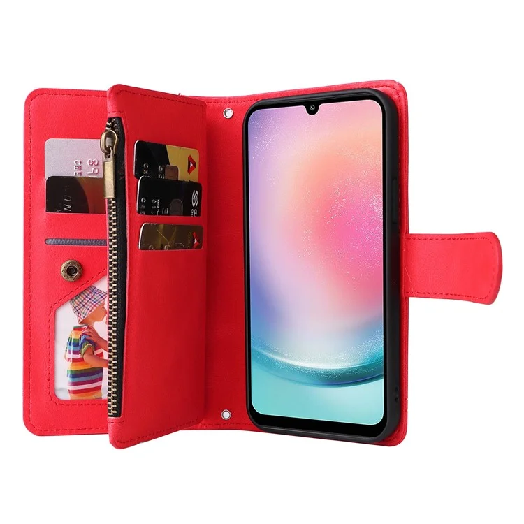 Para Samsung Galaxy S23 FE Múltiples Ranuras para Tarjetas Piel Táctil Funda de Teléfono con Bolsillo Cremallera Billetera de Pie Cubierta - Rojo