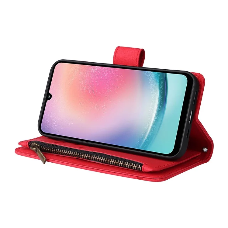 Para Samsung Galaxy S23 FE Múltiples Ranuras para Tarjetas Piel Táctil Funda de Teléfono con Bolsillo Cremallera Billetera de Pie Cubierta - Rojo